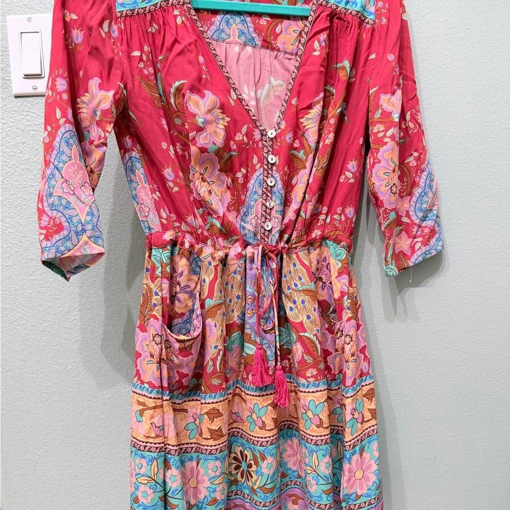 Floral Tie-Waist Midi Dress in Fuchsia Pink